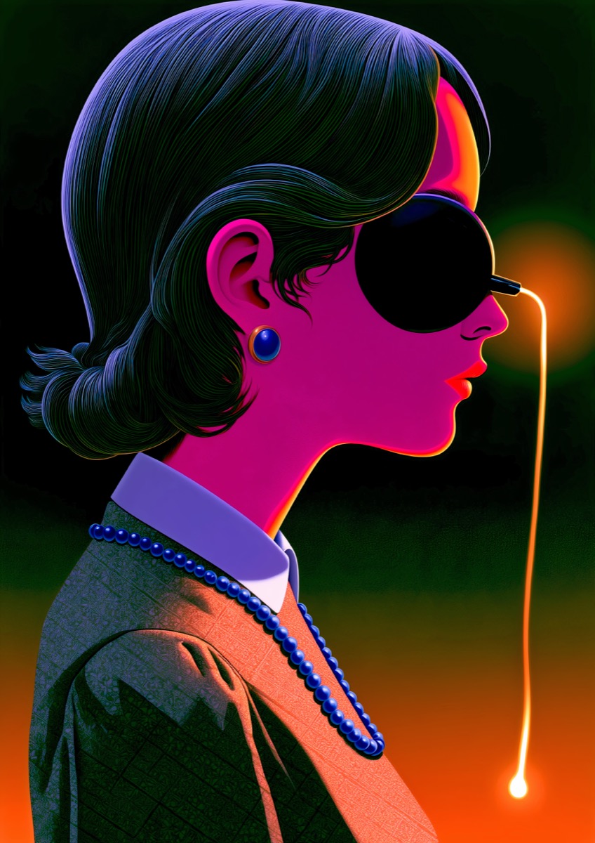 A magenta profile wearing oversized black glasses, a blue beaded necklace, and a glowing orange cord